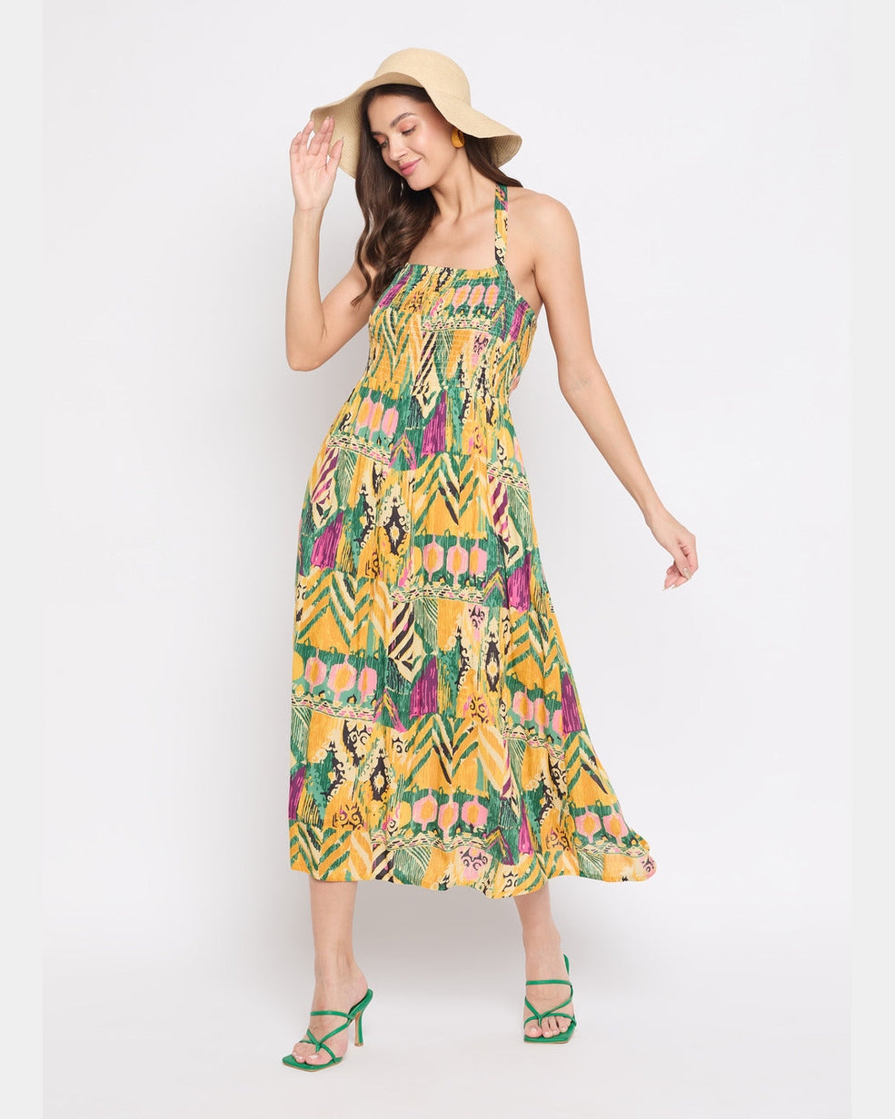 Rayon Crepe Yellow Abstract Print Midi Dress For Women