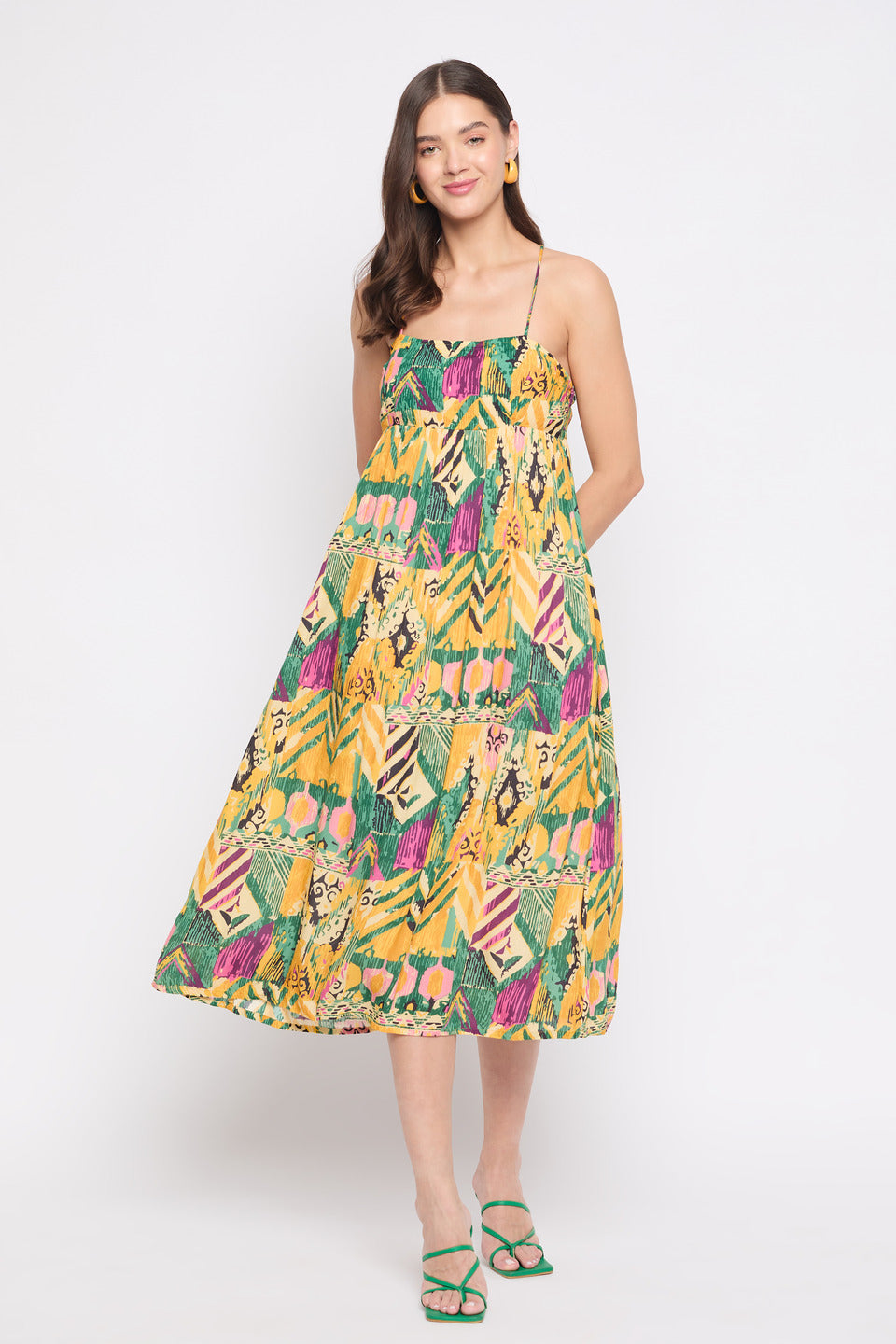 Yellow Abstract Print Rayon Crepe Elegant Midi Dress For Women