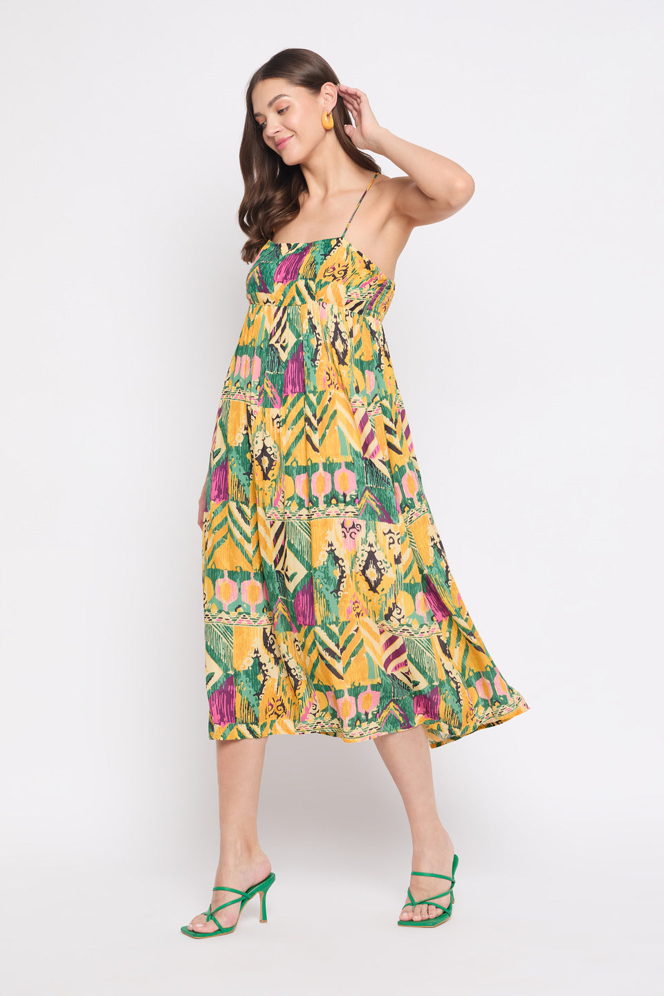 Yellow Abstract Print Rayon Crepe Midi Dress For Women