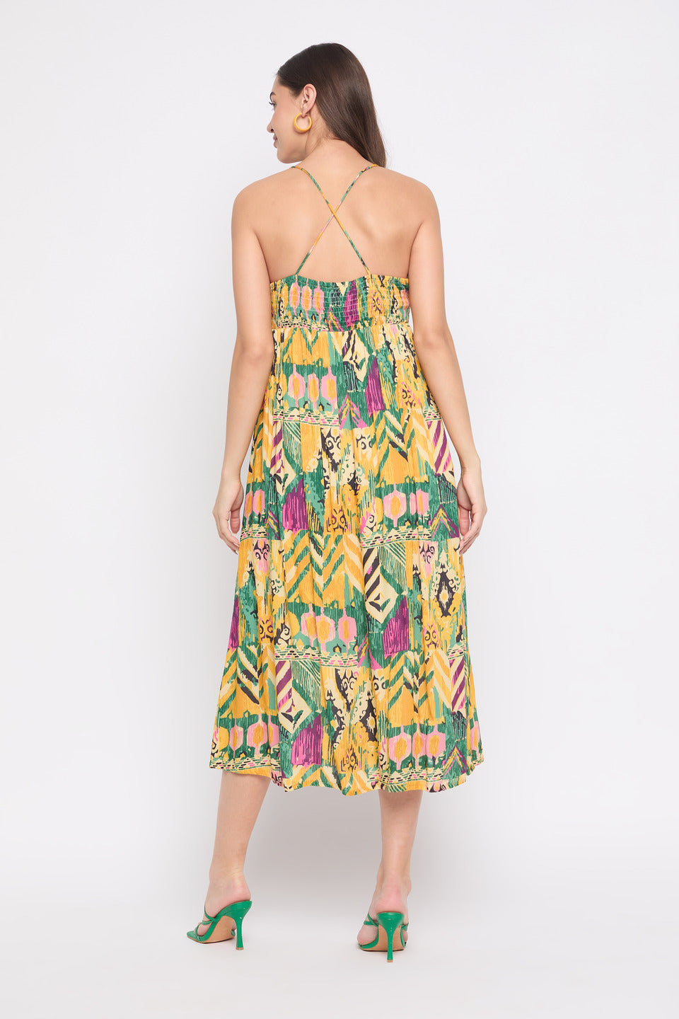 Yellow Abstract Print Rayon Crepe Midi Dress For Women