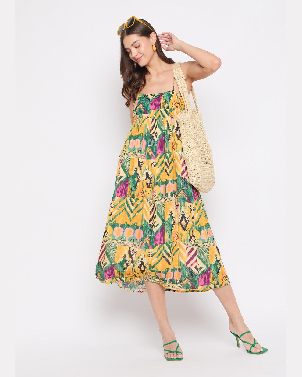 Yellow Abstract Print Rayon Crepe Elegant Midi Dress For Women