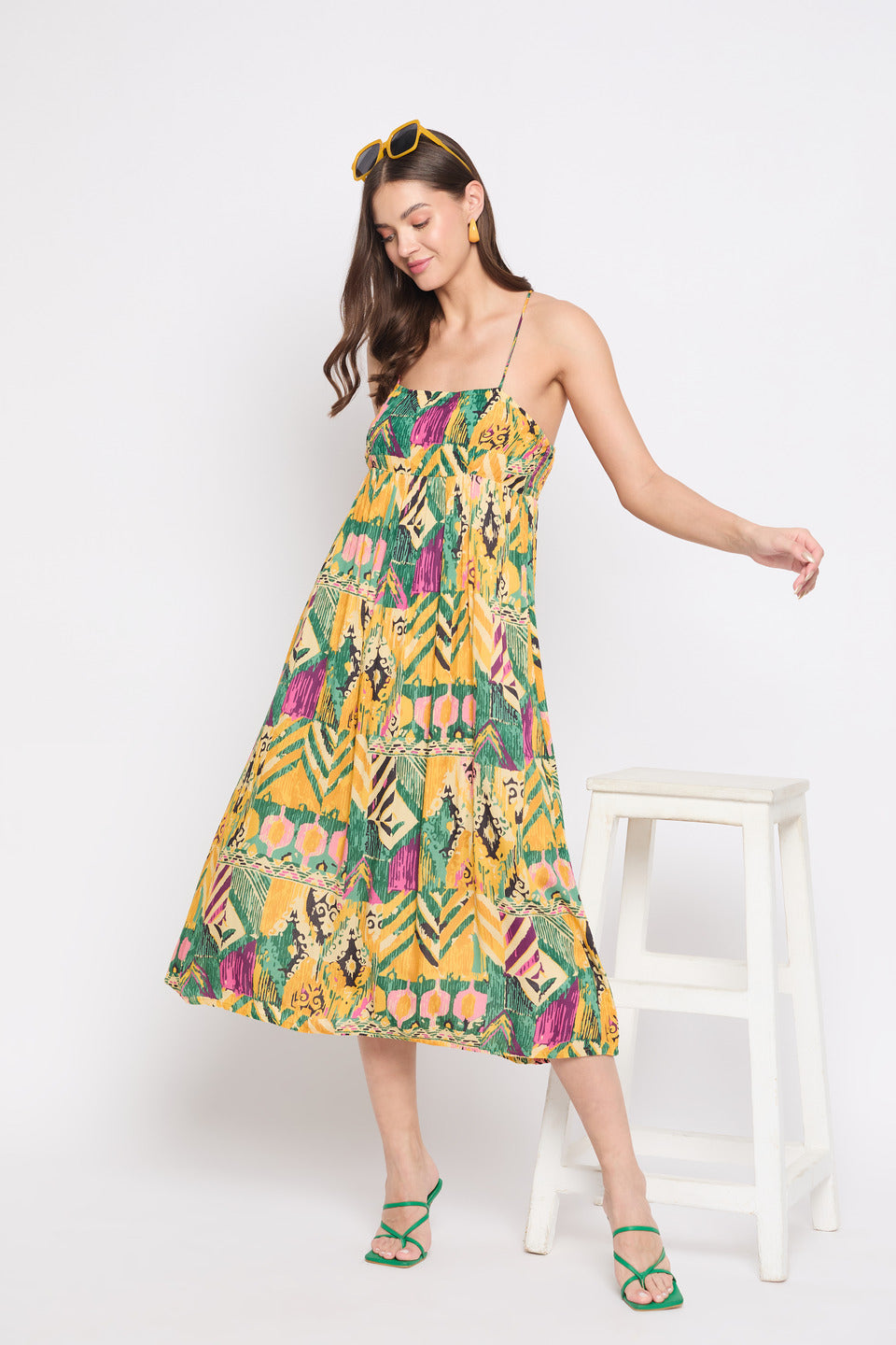 Yellow Abstract Print Rayon Crepe Elegant Midi Dress For Women