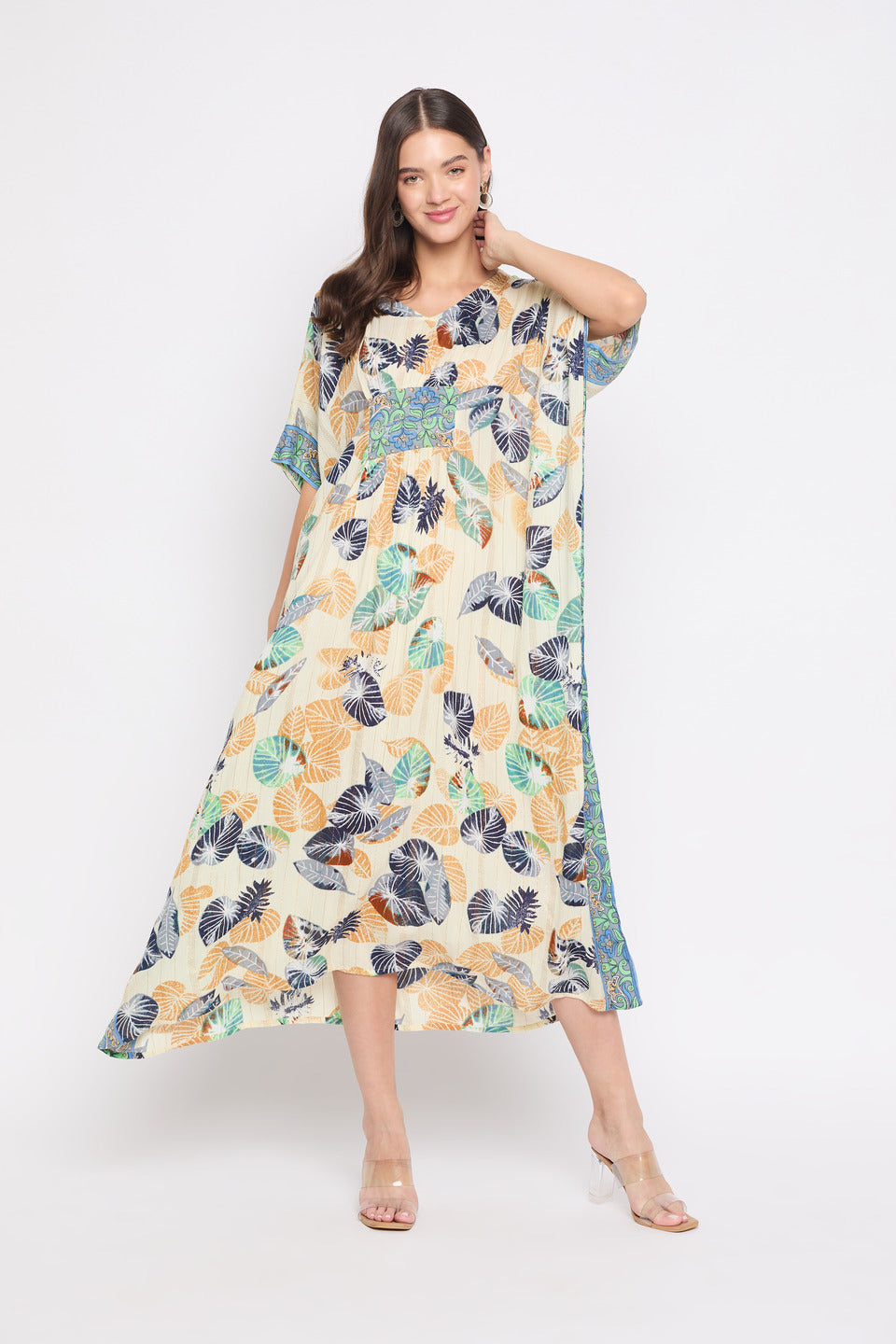 Leaf Print Multicolor Bordered Plus Size Rayon Crepe Kaftan For Women