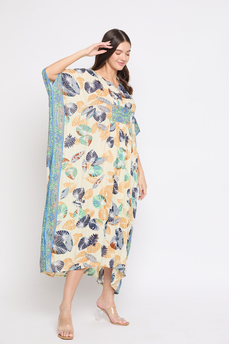 Leaf Print Multicolor Bordered Plus Size Rayon Crepe Kaftan For Women