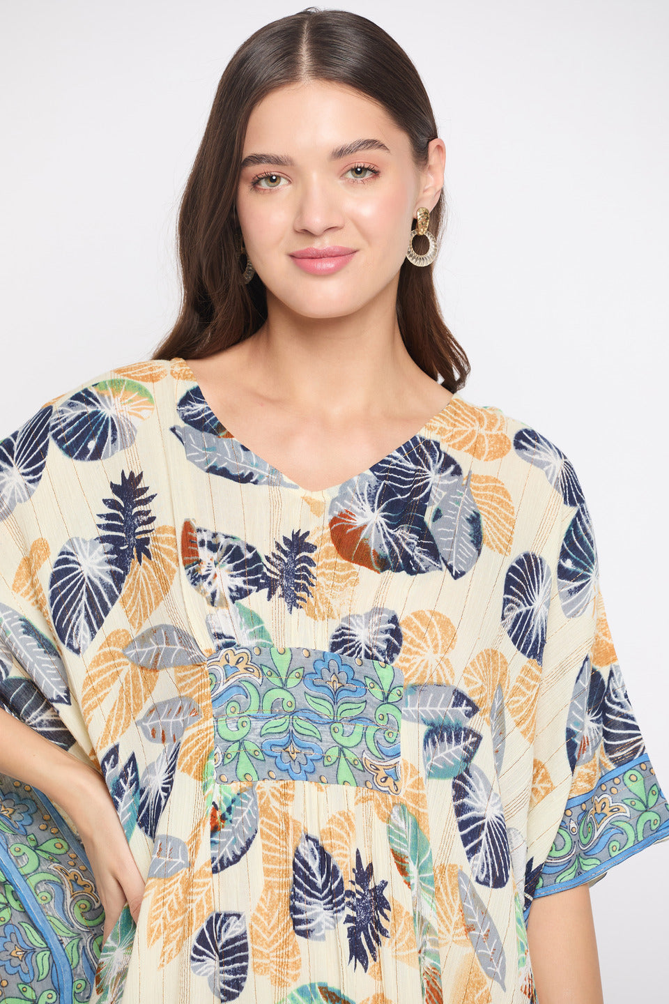 Leaf Print Multicolor Bordered Plus Size Rayon Crepe Kaftan For Women