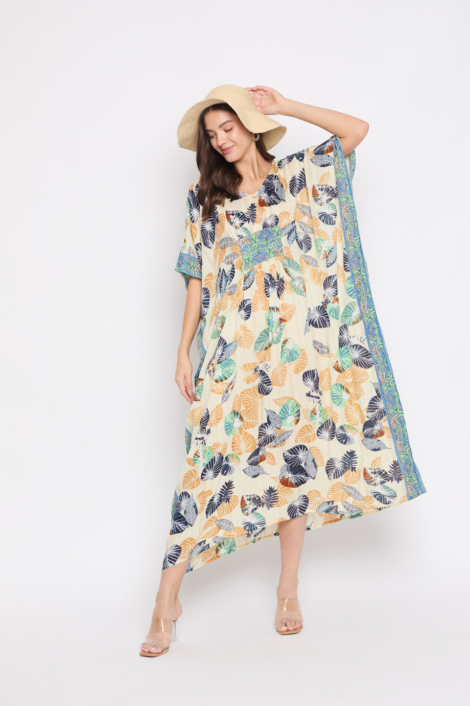 Leaf Print Multicolor Bordered Plus Size Rayon Crepe Kaftan For Women