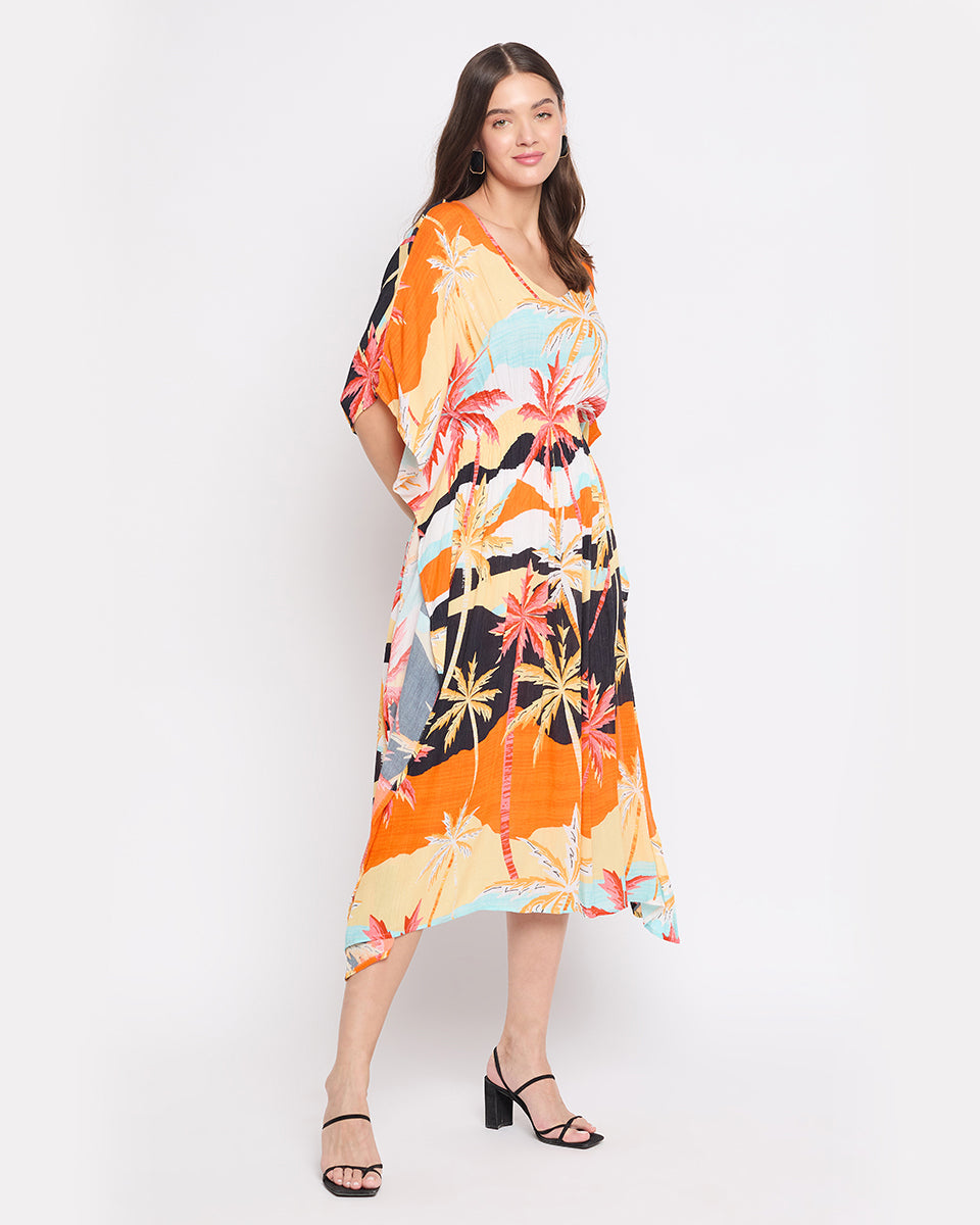 Beach Print Rayon Crepe Multicolor Short Kaftan For Plus Size Women