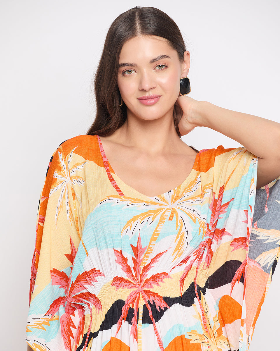 Beach Print Rayon Crepe Multicolor Short Kaftan For Plus Size Women