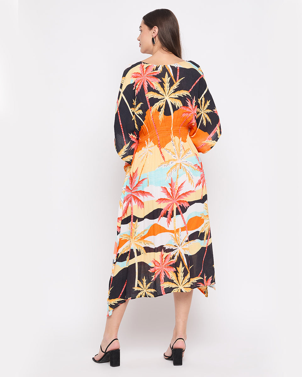 Beach Print Rayon Crepe Multicolor Short Kaftan For Plus Size Women