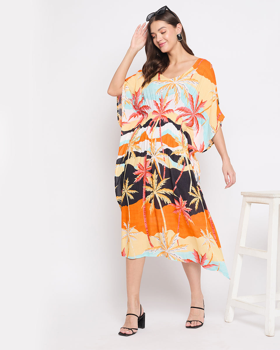 Beach Print Rayon Crepe Multicolor Short Kaftan For Plus Size Women