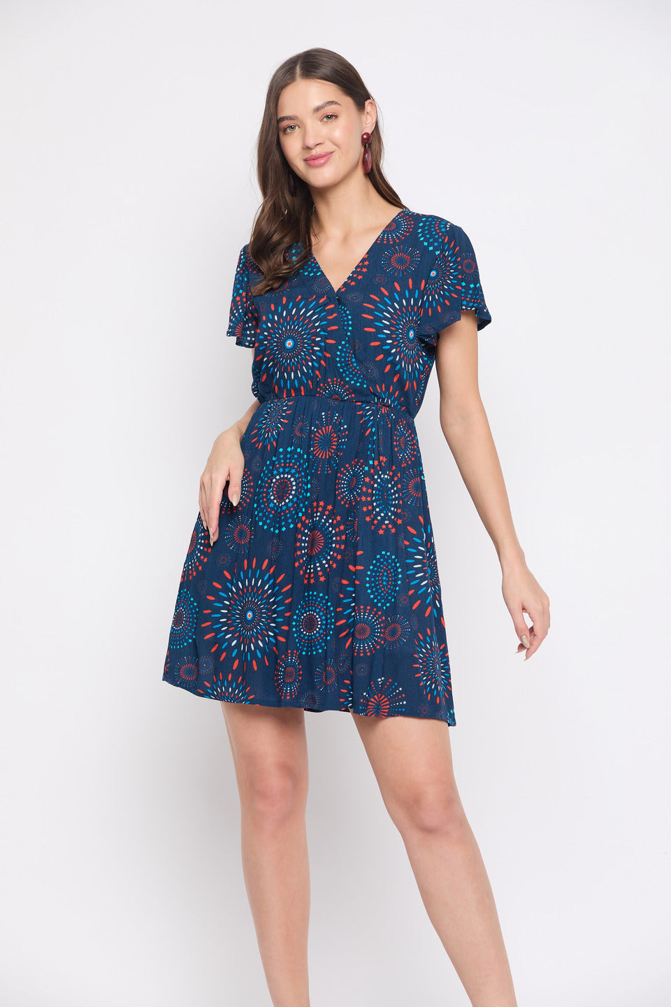 V-Neck Navy Blue Mandala Print Rayon Crepe Mini Dress For Women