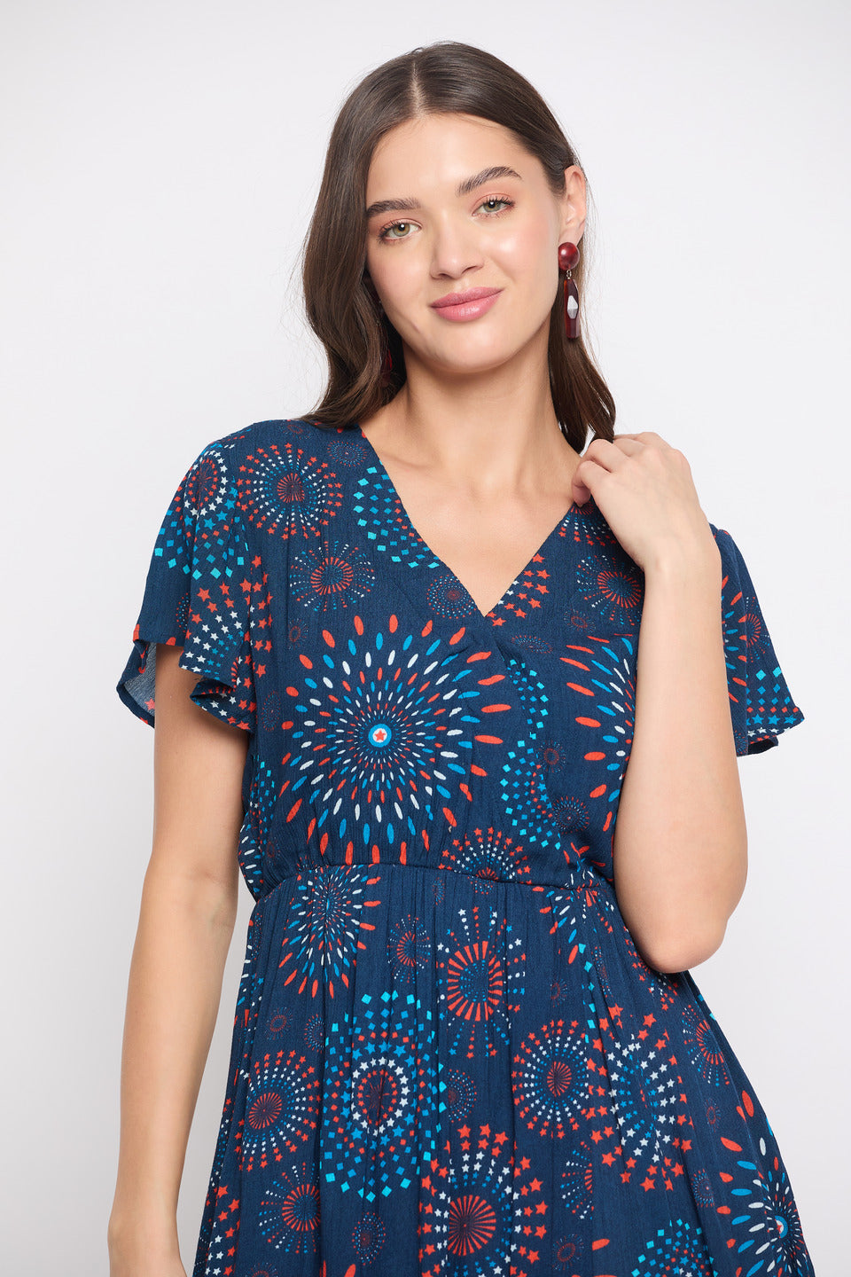 V-Neck Navy Blue Mandala Print Rayon Crepe Mini Dress For Women