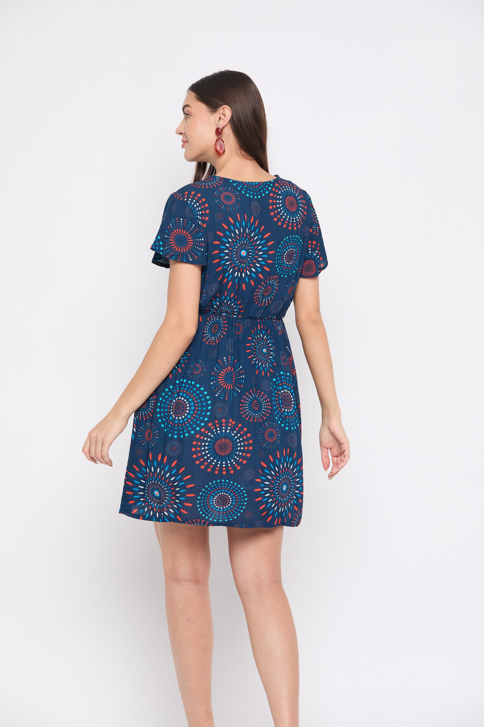 V-Neck Navy Blue Mandala Print Rayon Crepe Mini Dress For Women