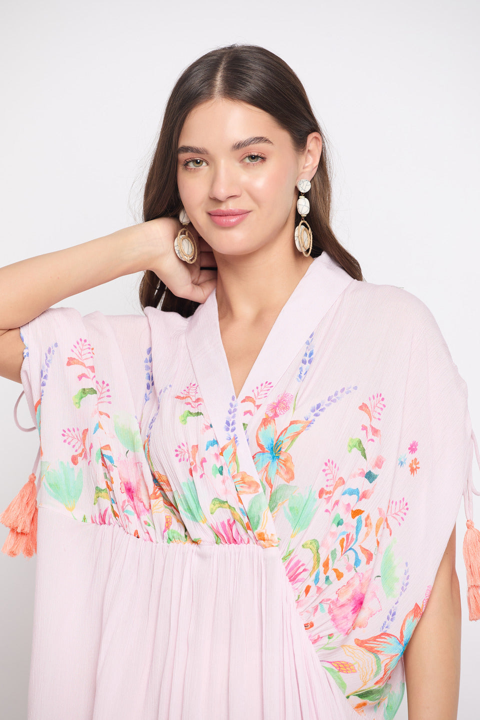 Pink Floral printed Rayon Crepe Maxi kaftan For Women