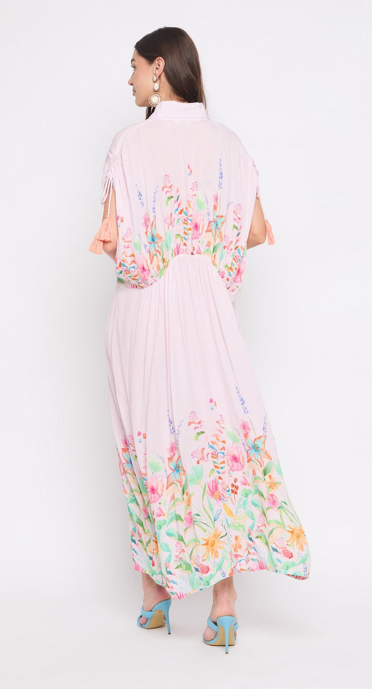 Pink rayon plus size kaftan with watercolor floral print and 3/4 kimono sleeves — further product view