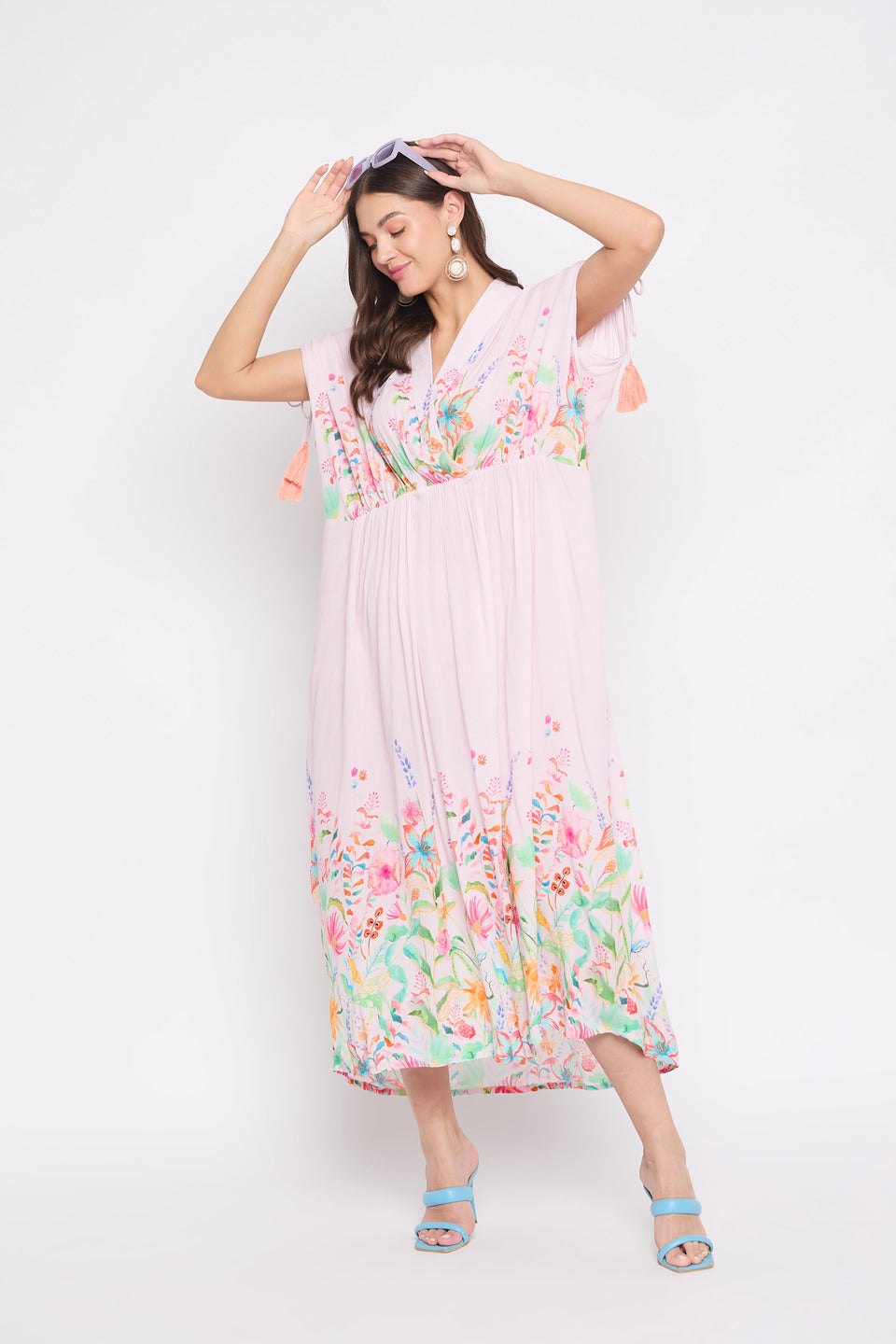 Pink Floral printed Rayon Crepe Maxi kaftan For Plus Size Women