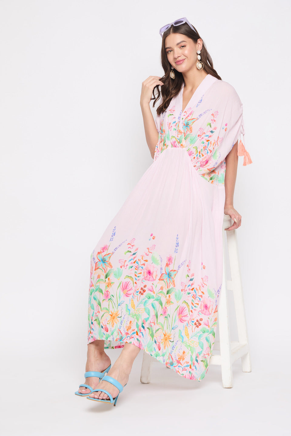 Pink Floral printed Rayon Crepe Maxi kaftan For Plus Size Women