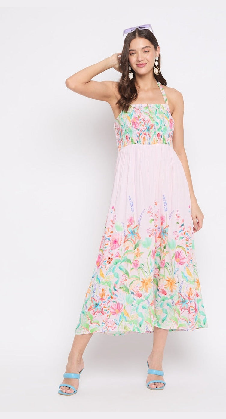 Baby Pink Floral Print Rayon Crepe Halter Midi Dress for Women Casual Wear - S M L XL - SKU DRS-9127 S - Gypsie Blu