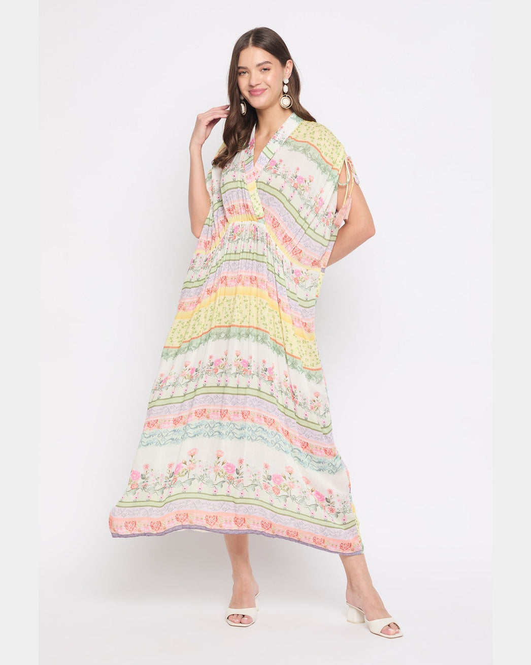 White Rayon Crepe Elegant Floral Kaftan For Women