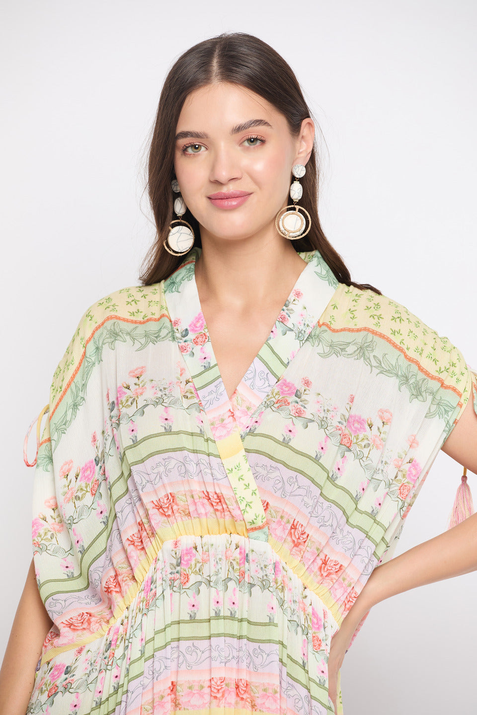 Floral Printed White Rayon Crepe Plus Size Kaftan For Women