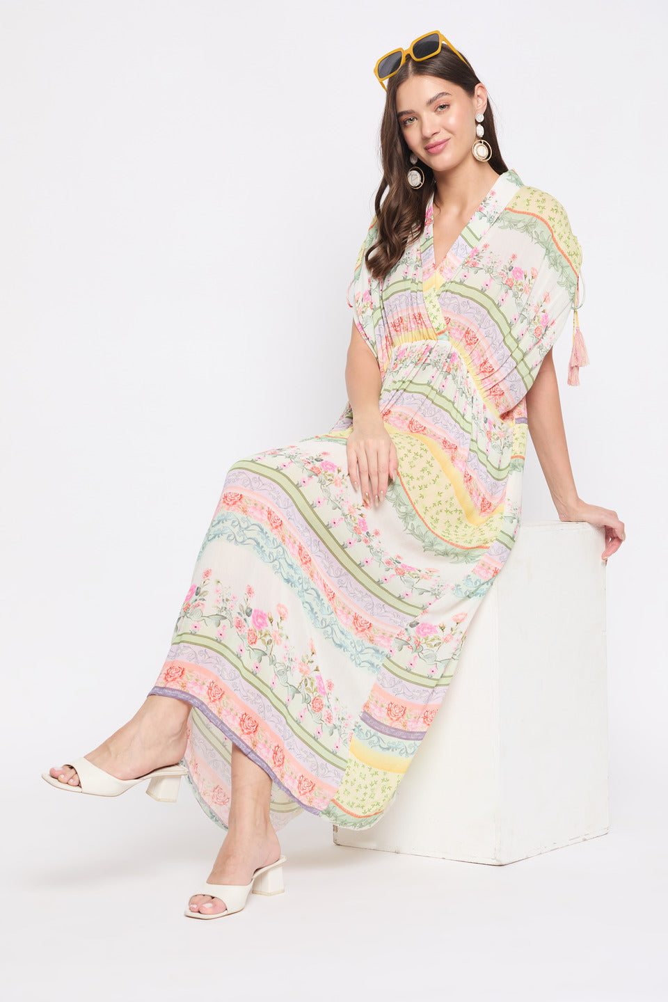 Floral Printed White Rayon Crepe Plus Size Kaftan For Women