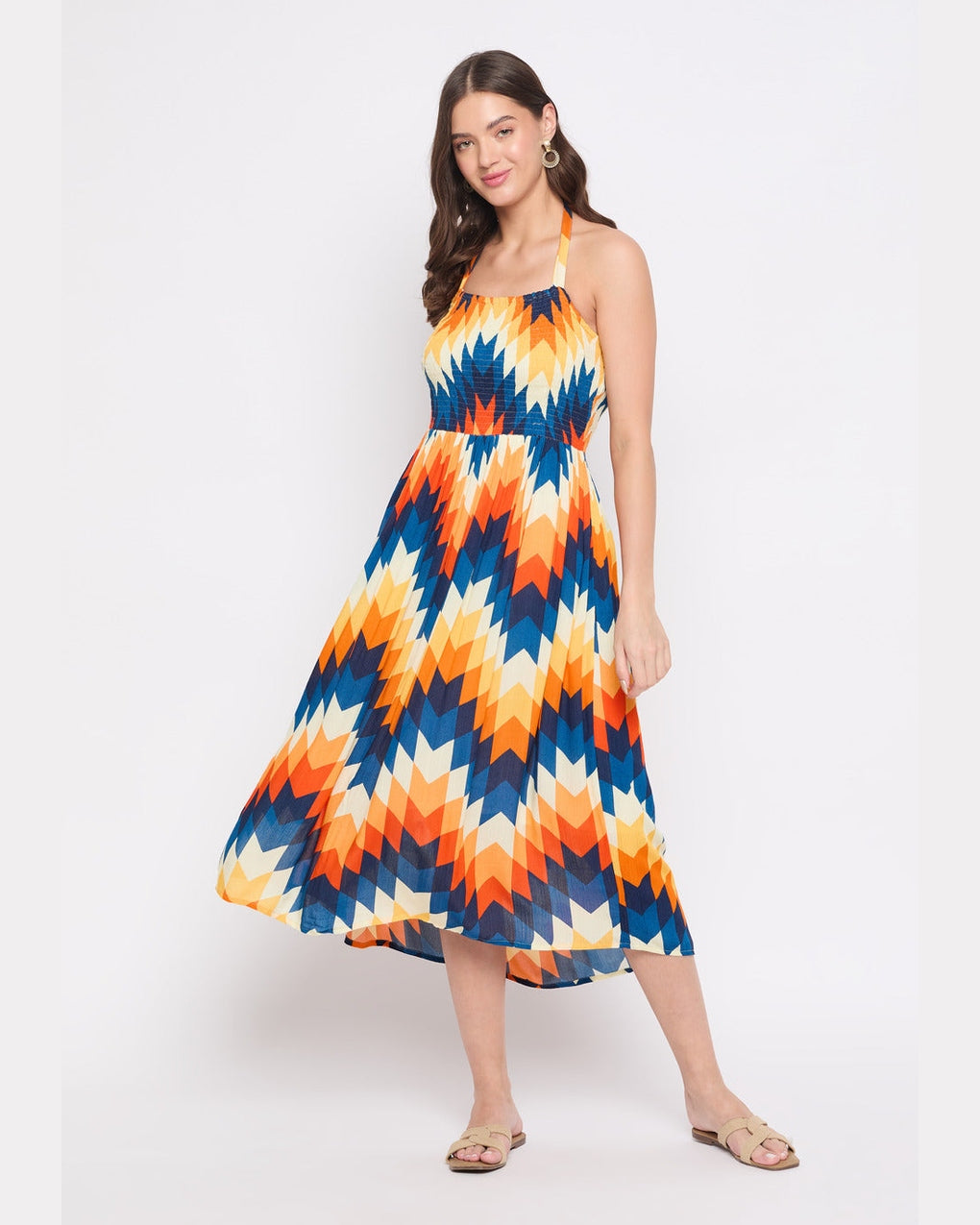 Abstract Printed Multicolor Rayon Crepe Halter Neck Midi Dress For Women