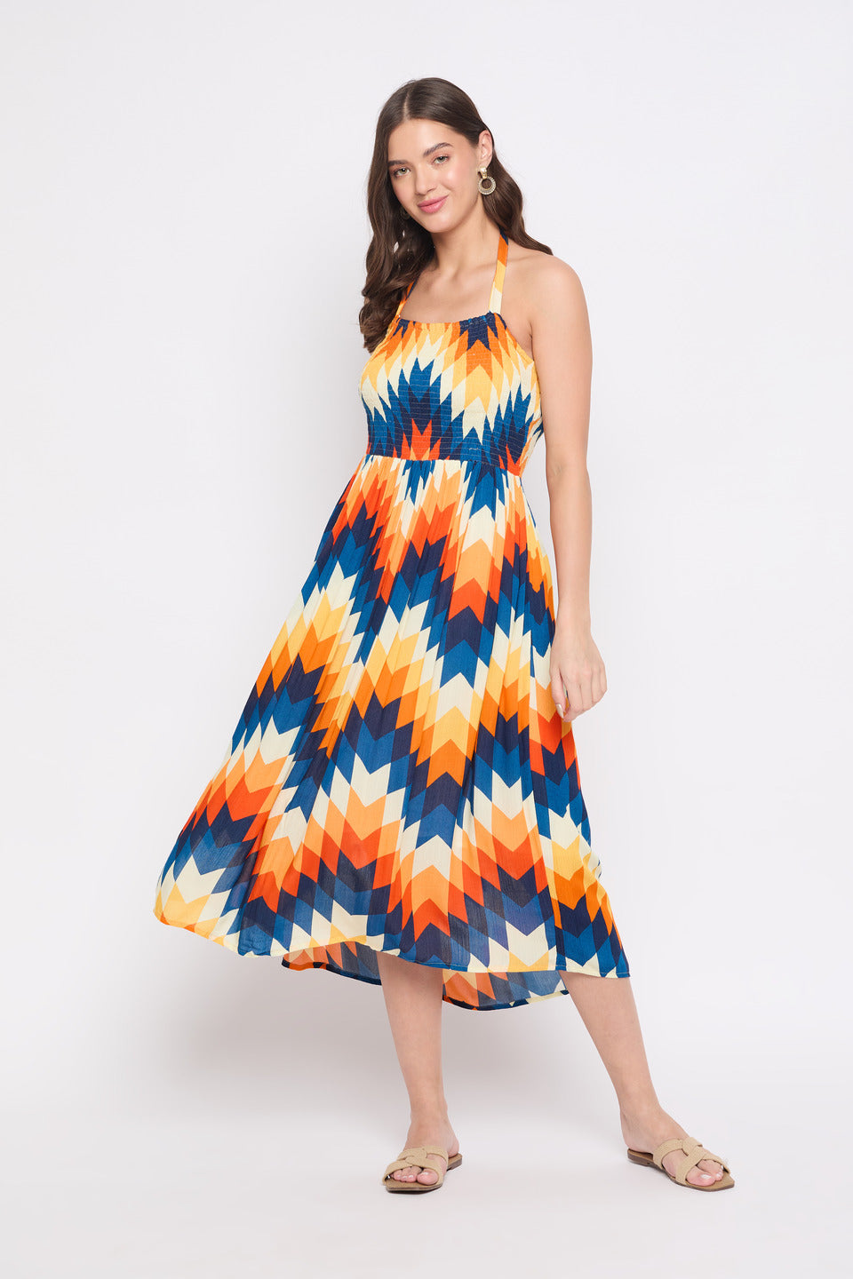 Abstract printed multicolor rayon crepe midi dress