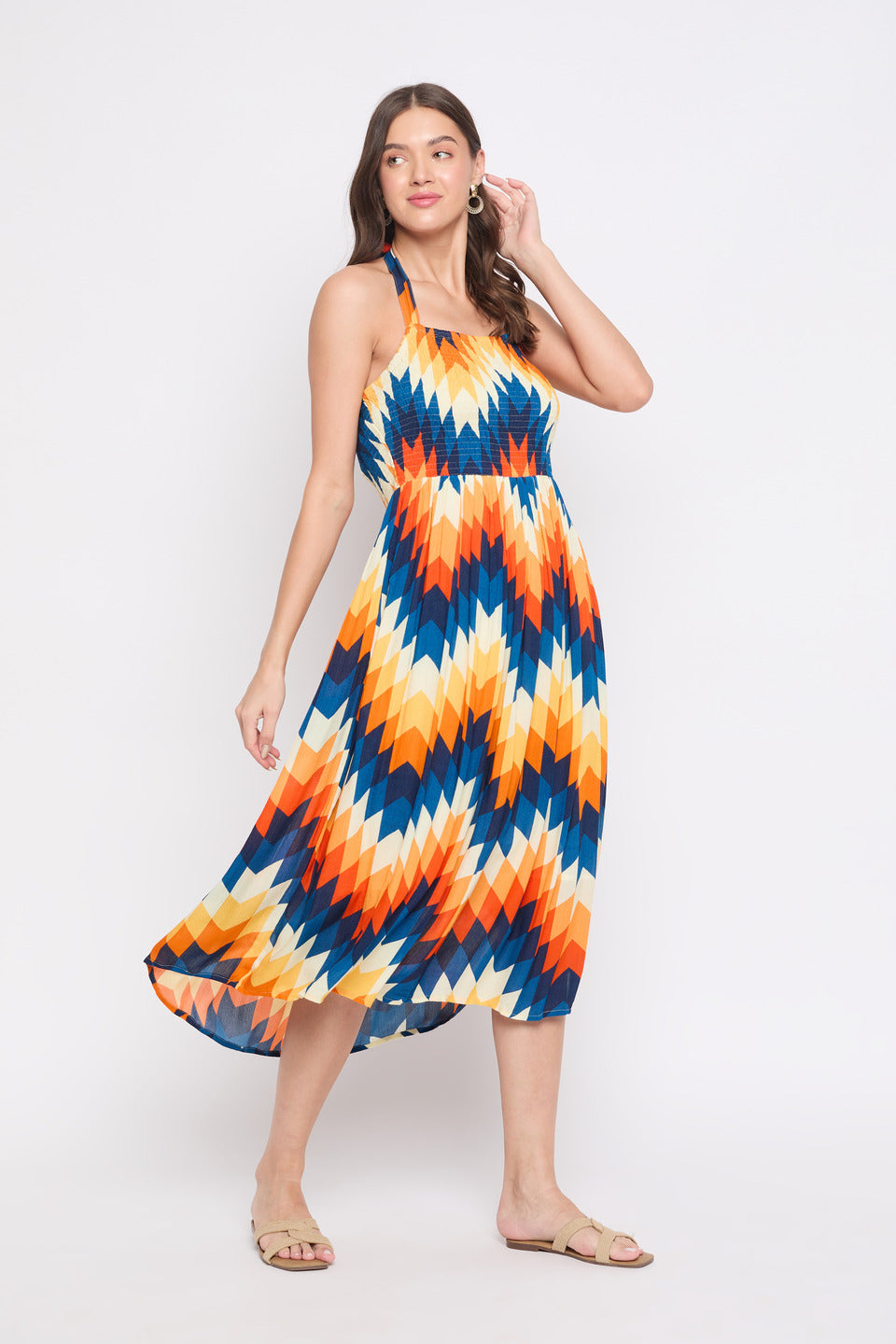 Abstract Printed Multicolor Rayon Crepe Midi Dress For Women