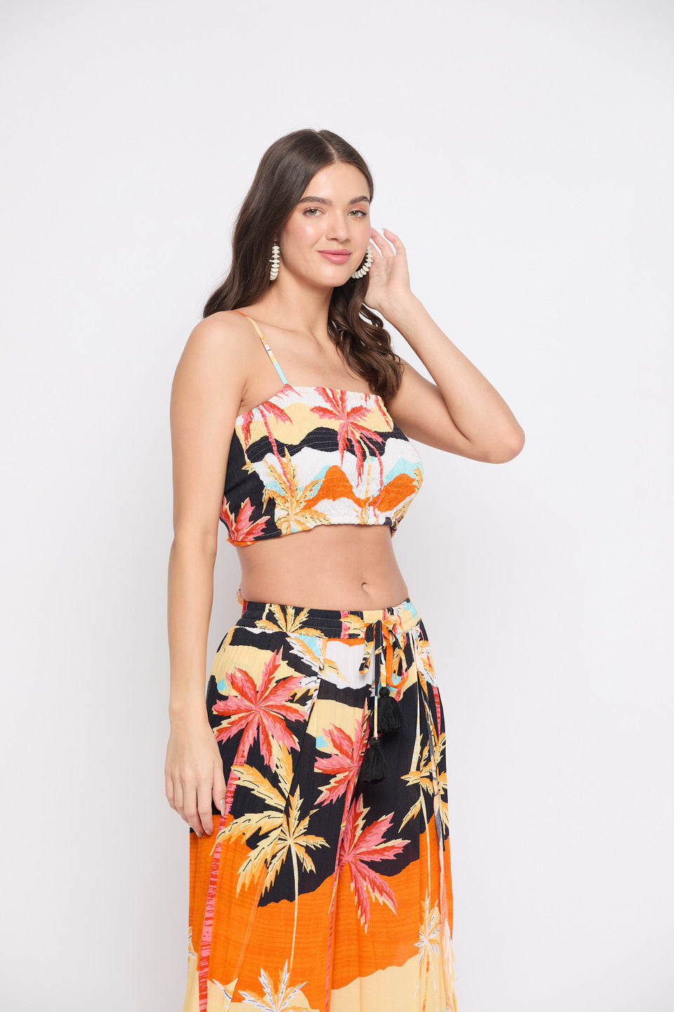 Beach Theme Orange Multicolor Crepe Top For Women