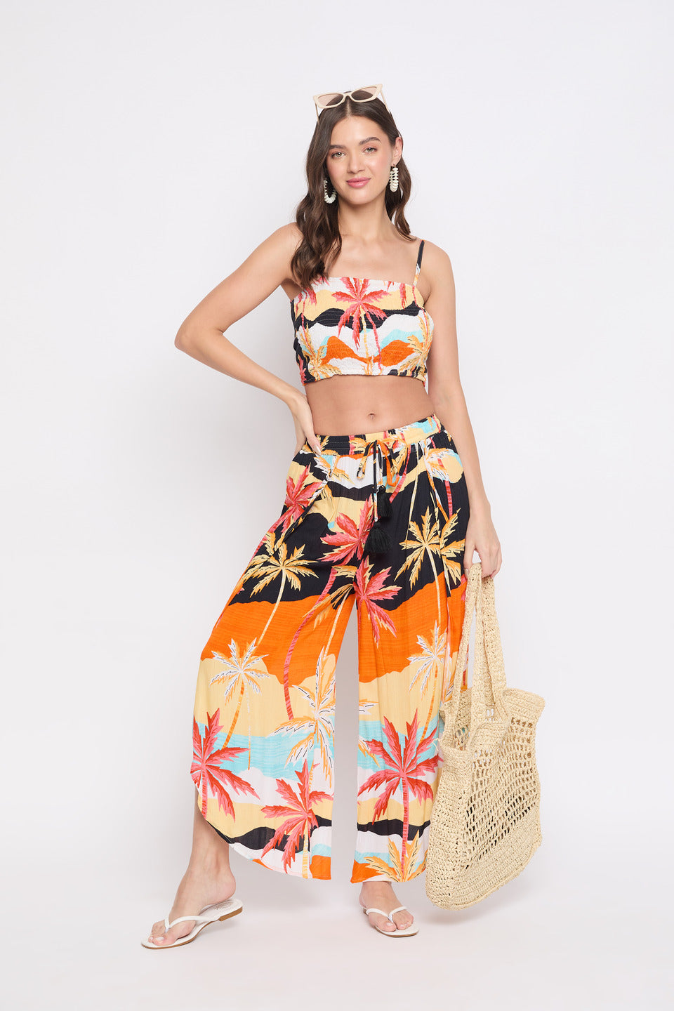 Beach Theme Orange Multicolor Crepe Top For Women