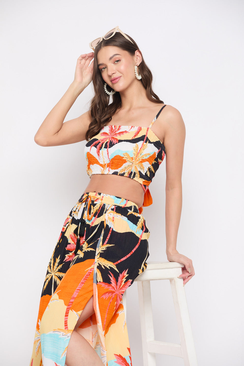 Beach Theme Orange Multicolor Crepe Top For Women