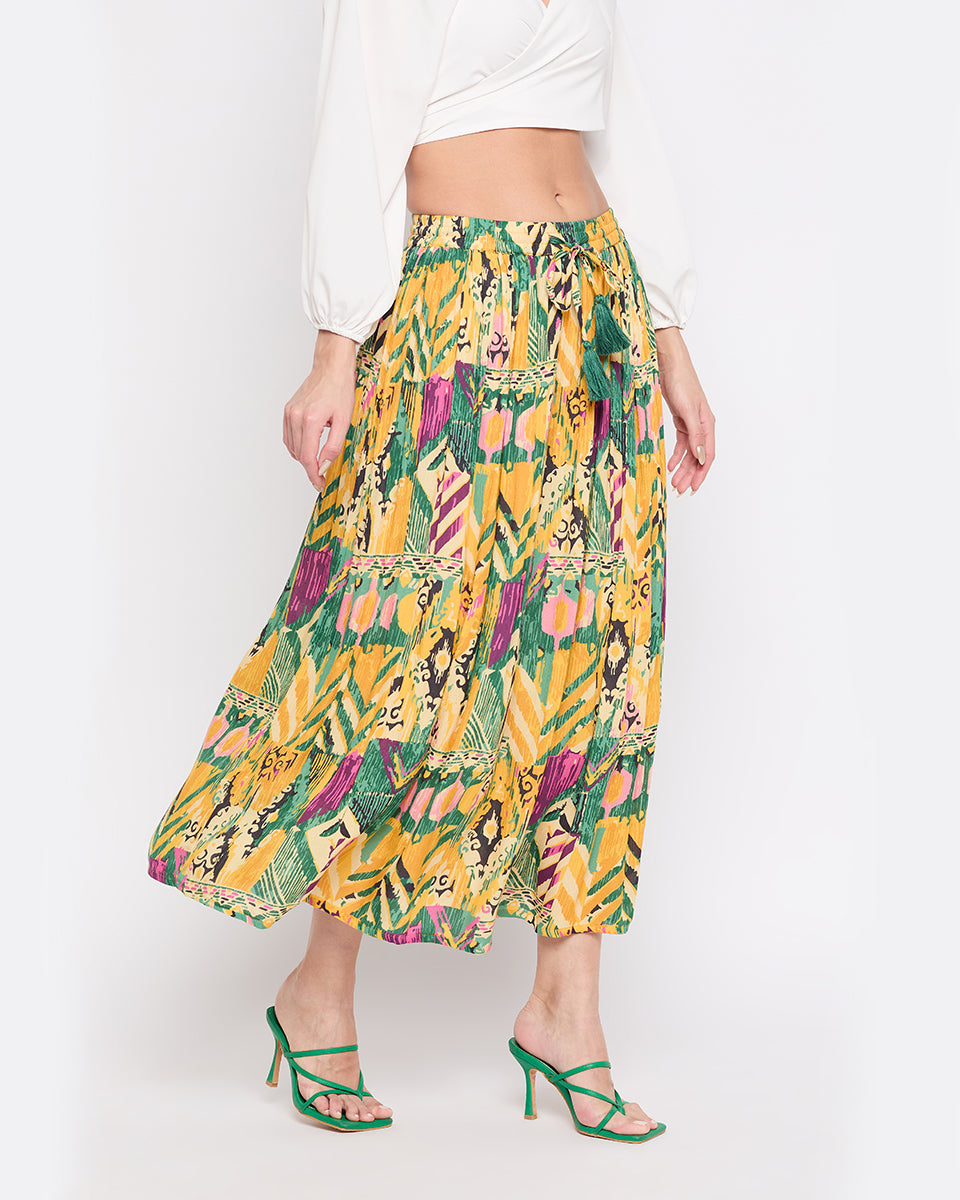 Yellow Abstract Print Rayon Crepe Skirt For Women