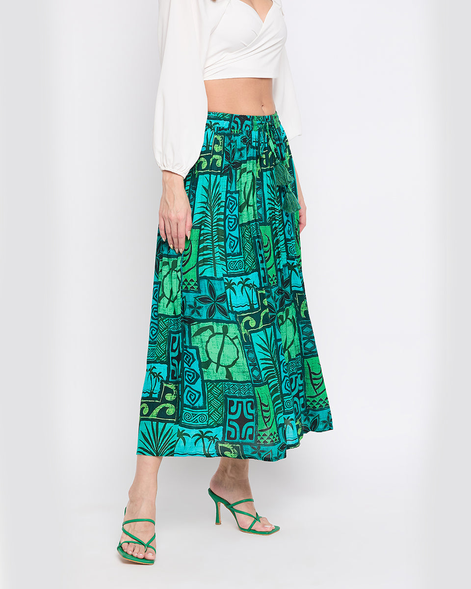 Dark Green Abstract Print Rayon Crepe Skirt For Women