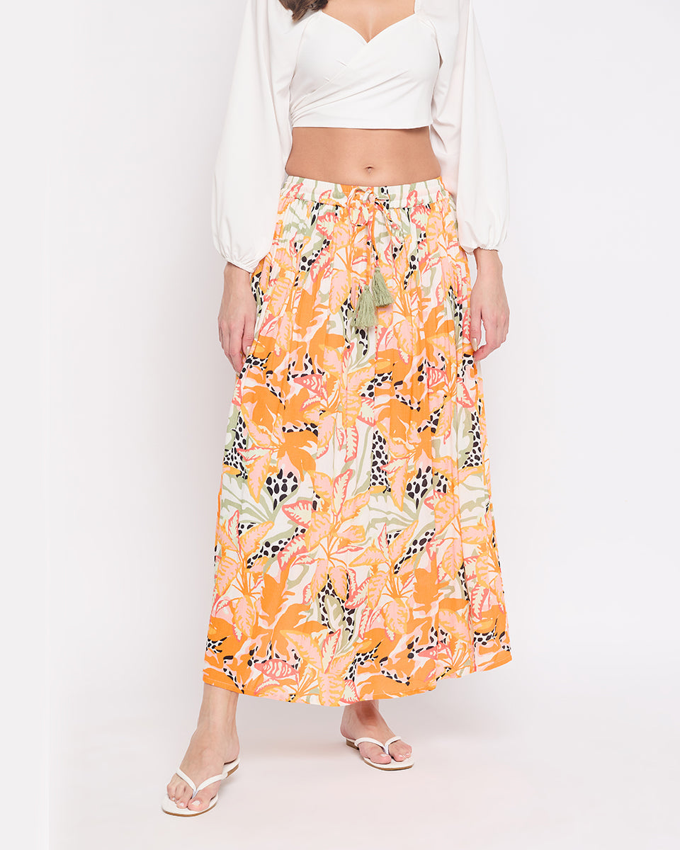 Tropical Print Rayon Crepe Skirt For Women