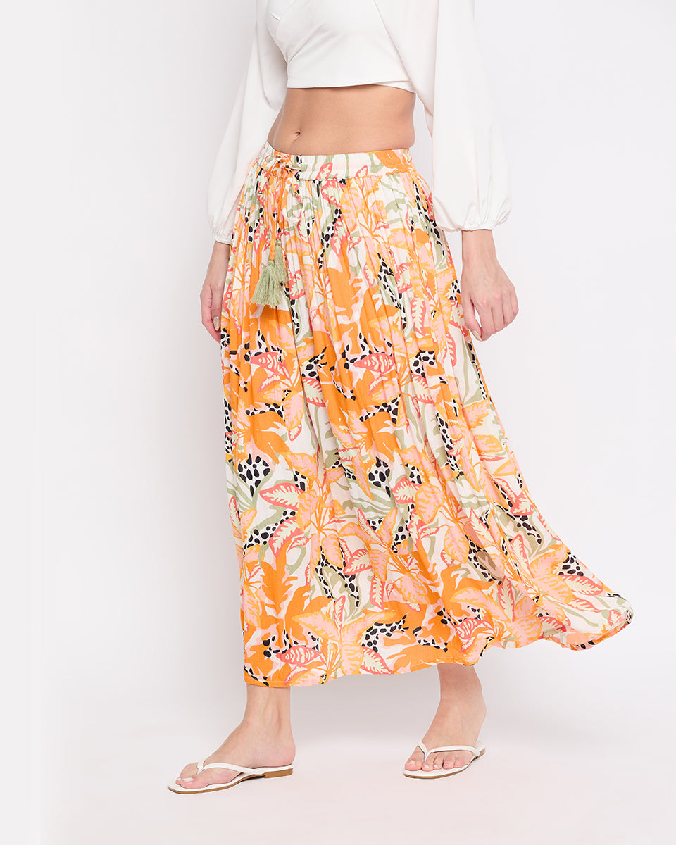 Tropical Print Rayon Crepe Skirt For Women