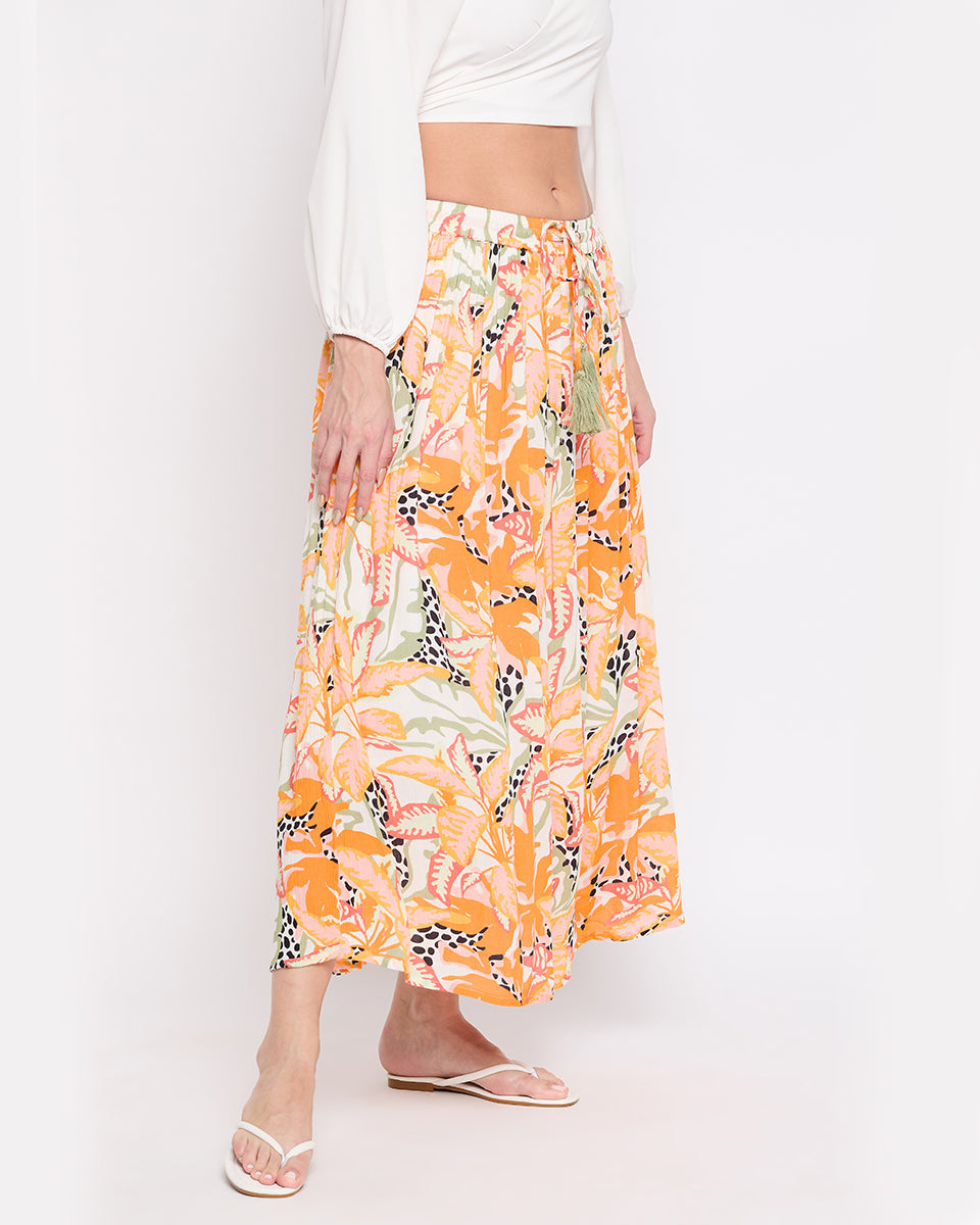 Tropical Print Rayon Crepe Skirt For Women