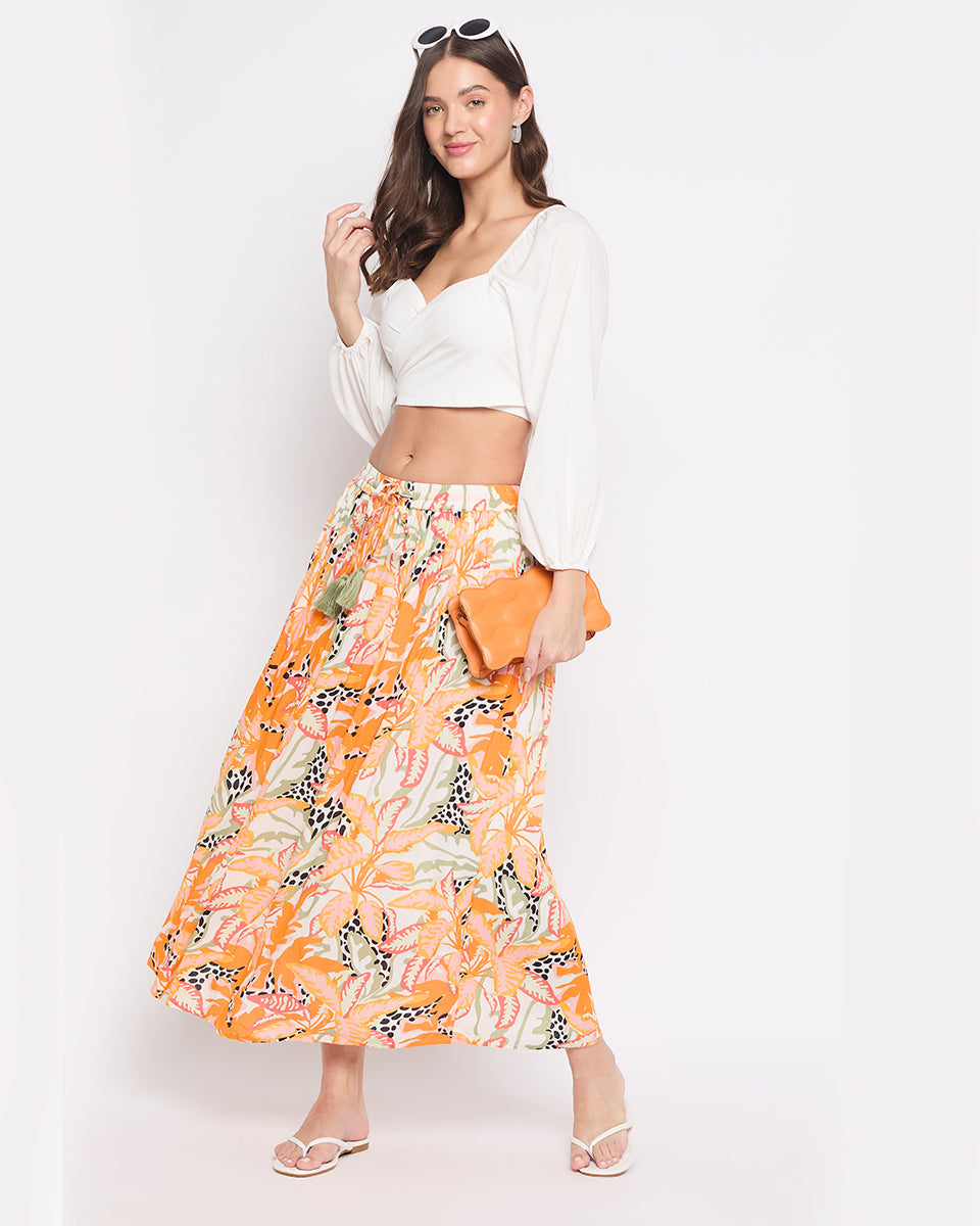 Tropical Print Rayon Crepe Skirt For Women