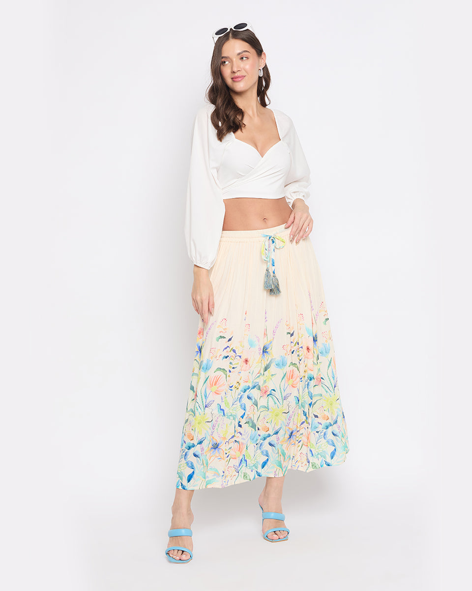 Off White Floral Print Rayon Crepe Skirt For Women