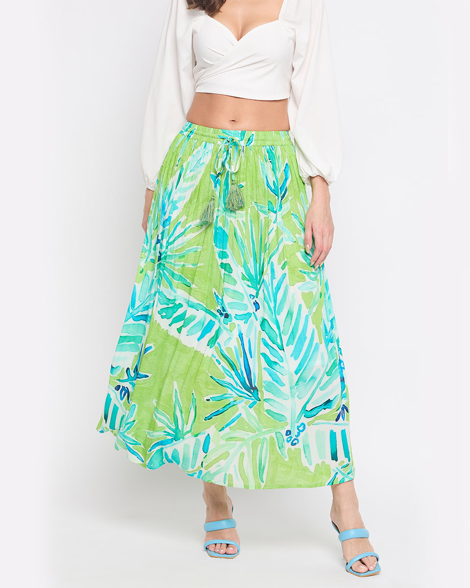 Light Green Leaf Print Rayon Crepe Skirt For Women