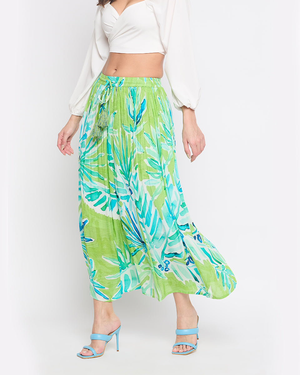 Light Green Leaf Print Rayon Crepe Skirt For Women