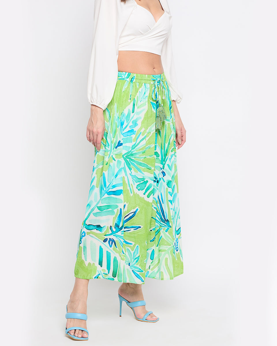 Light Green Leaf Print Rayon Crepe Skirt For Women