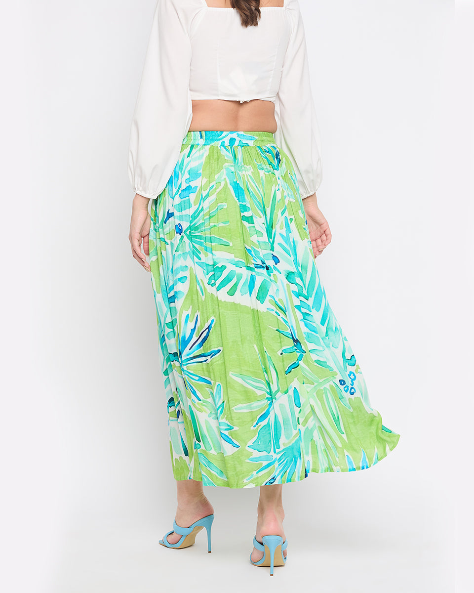 Light Green Leaf Print Rayon Crepe Skirt For Women