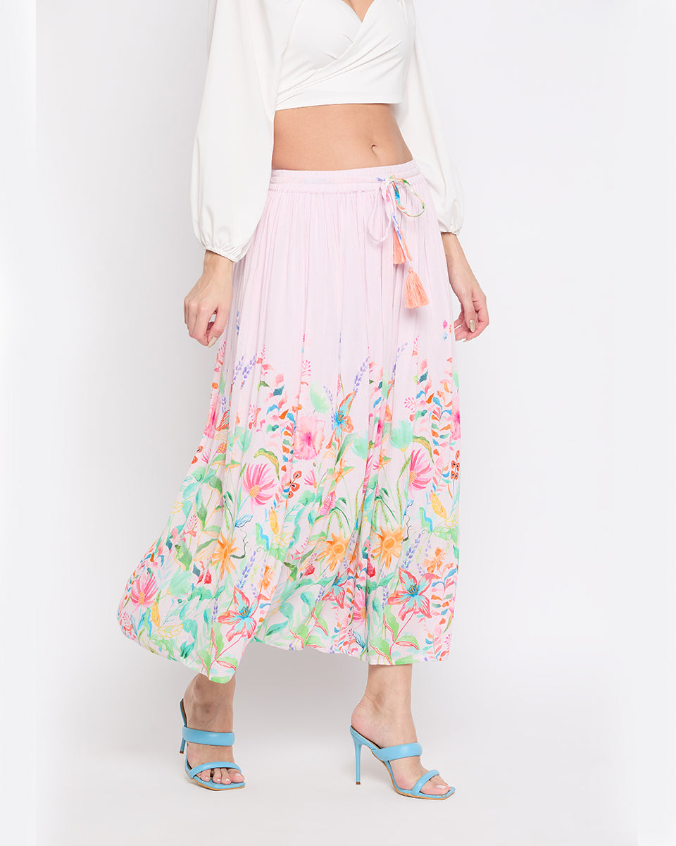Floral Print Baby Pink Rayon Crepe Skirt For Women