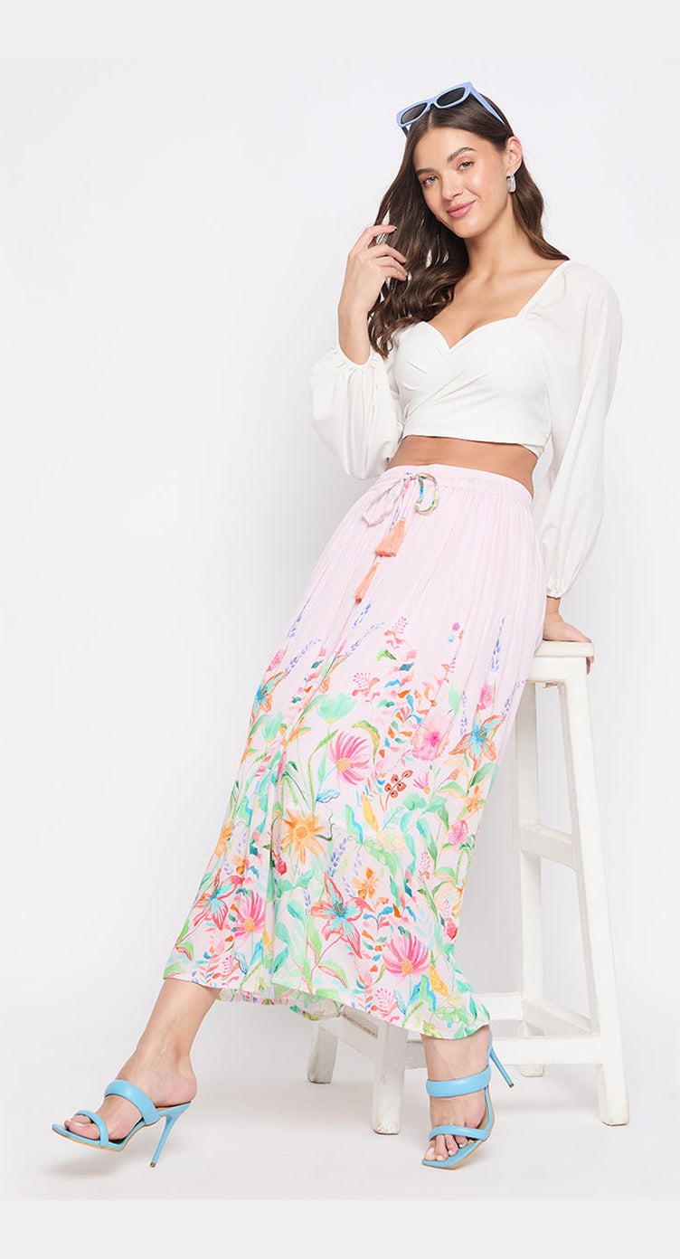 Floral Print Baby Pink Rayon Crepe Elastic Waist Maxi Skirt For Women - S M L XL - SKU SKT-1038-BPNK S - Gypsie Blu