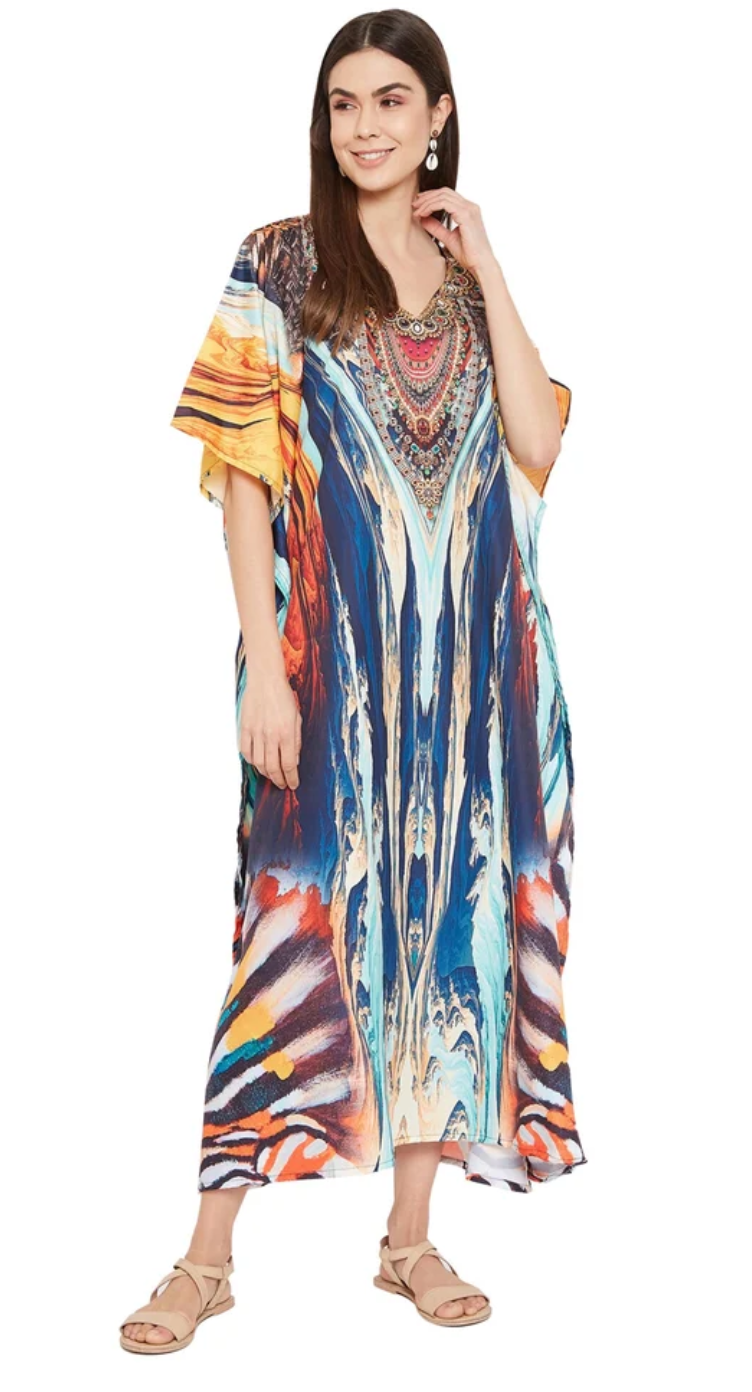 Multicolor Digital Print Plus Size Kaftan Dress for Women 1X-3X | GypsieBlu