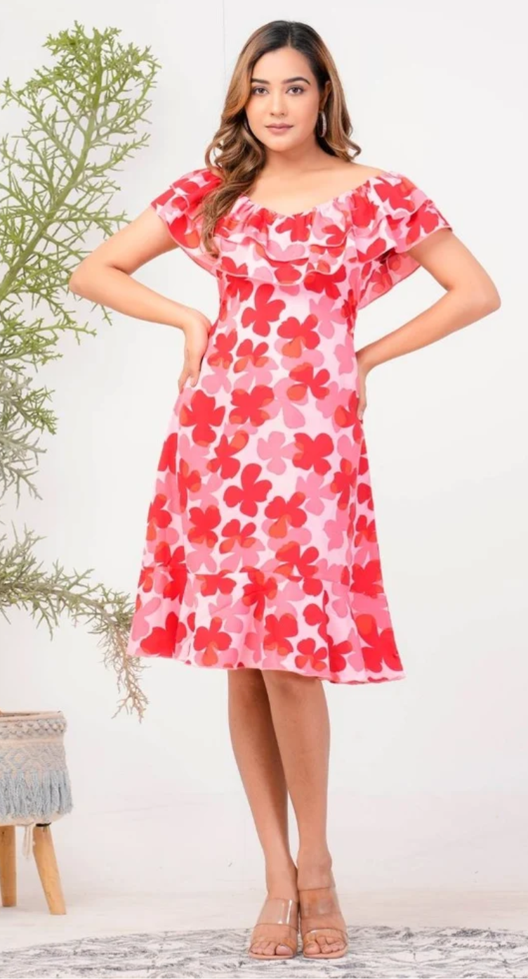 Red Floral Polyester Dress for Women S-XL Short Sleeve Round Neck | GypsieBlu