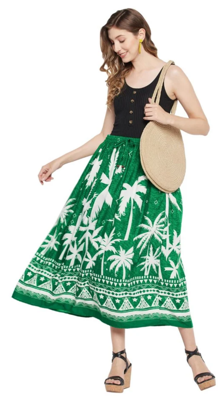 Kelly Green Palm Tree Rayon Skirt for Women S-XL | GypsieBlu