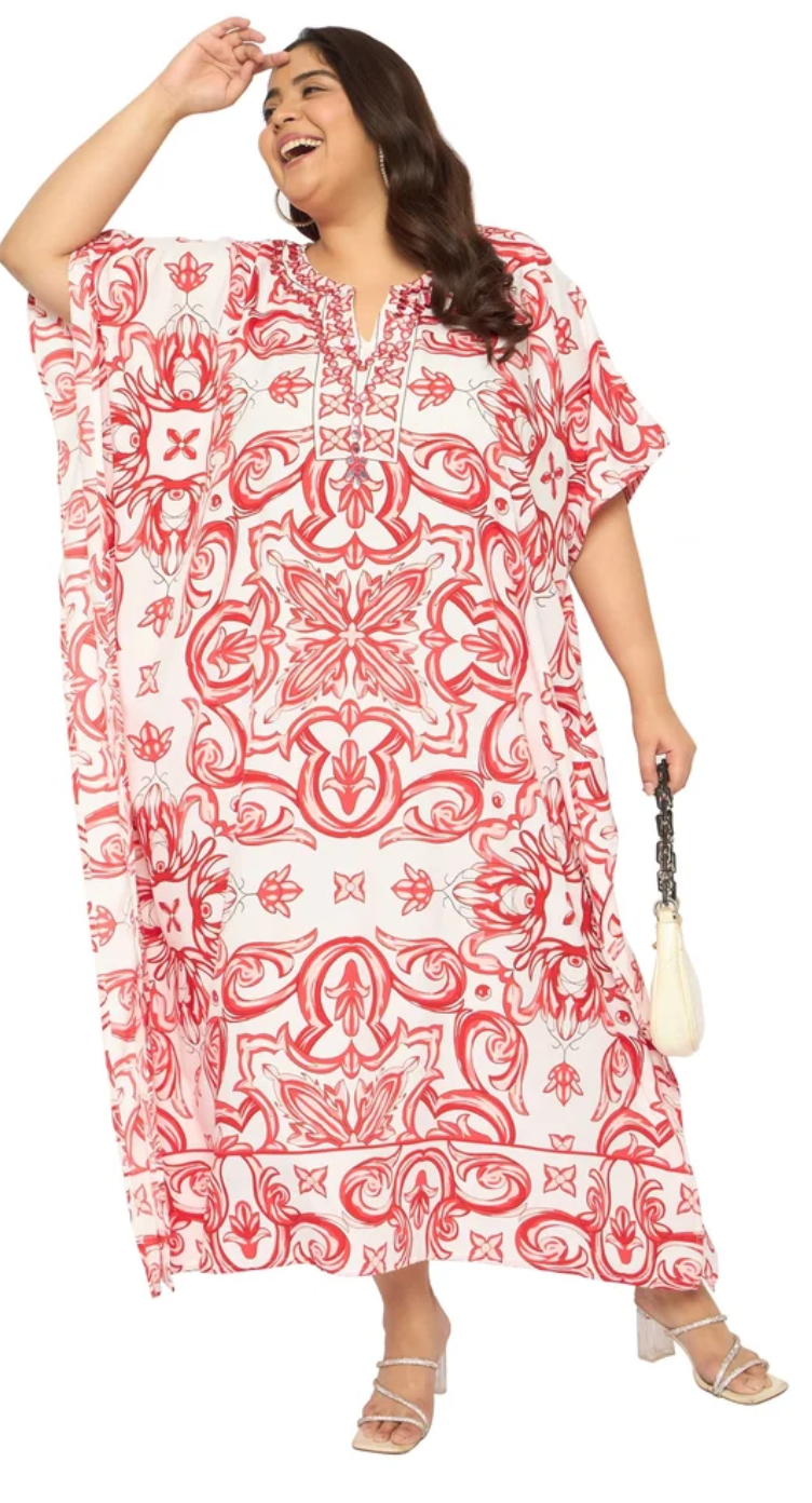 GypsieBlu Red Polyester Plus Size Kaftan for Women Kimono Sleeve 1X-3X - Ornate Damask Medallion Scroll Print
