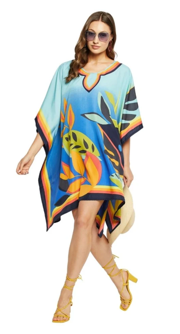 Blue & Multicolor Abstract Tropical Leaf Polyester Plus Size Tunic for Women 1X-3X | GypsieBlu