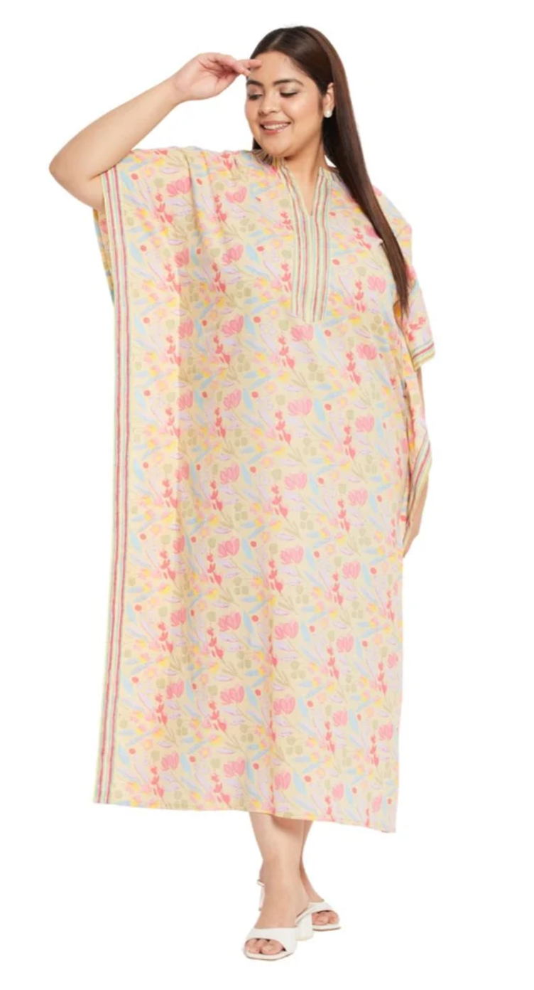 GypsieBlu Yellow Floral Plus Size Cotton Kaftan Dress for Women 3/4 Sleeve 1X-3X